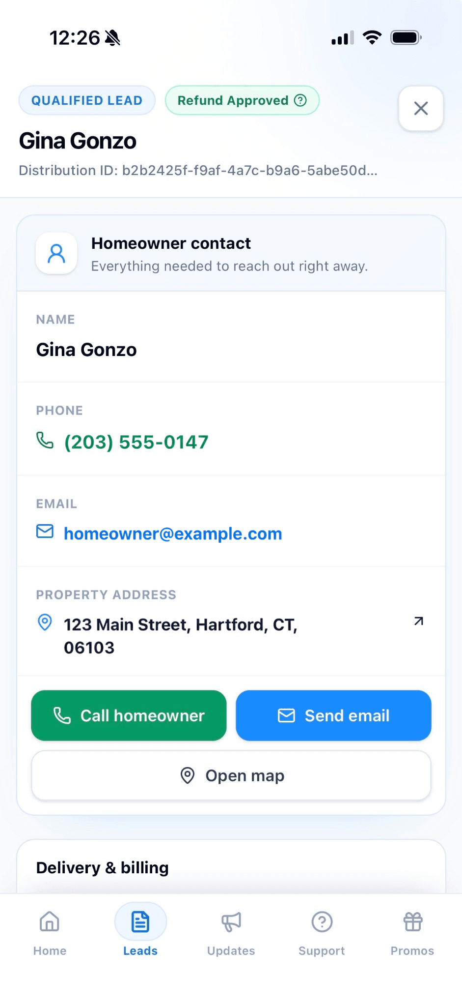 LeadZik qualified lead homeowner contact screen