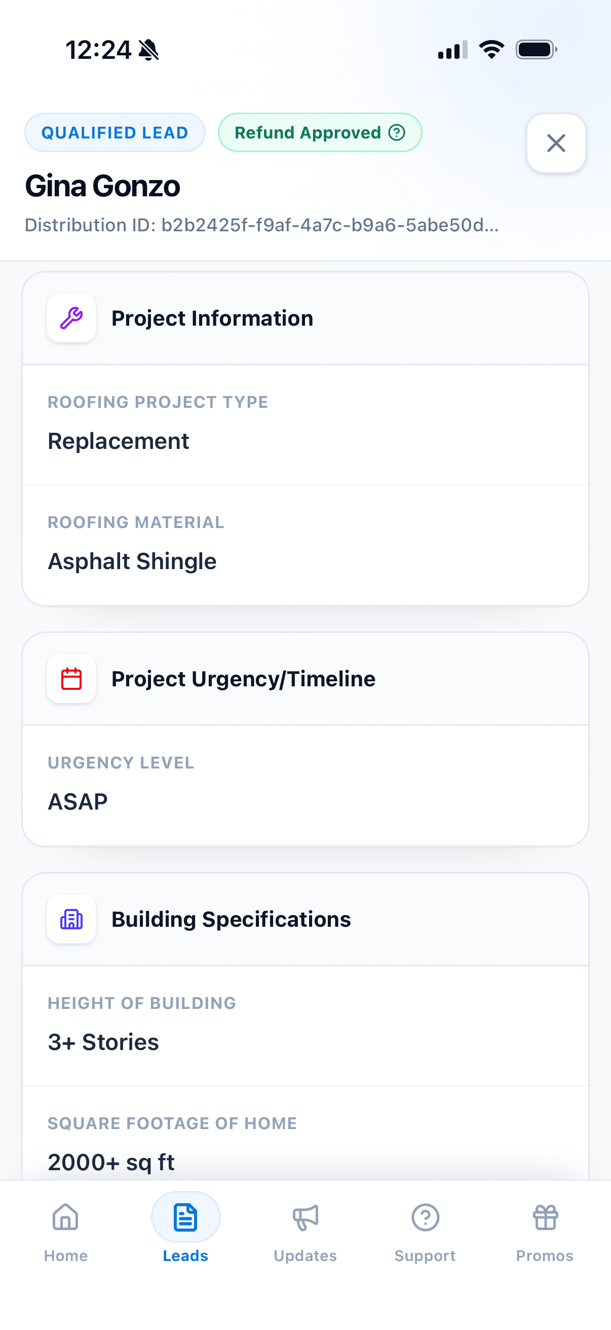 LeadZik project information with scope, urgency, and building specifications