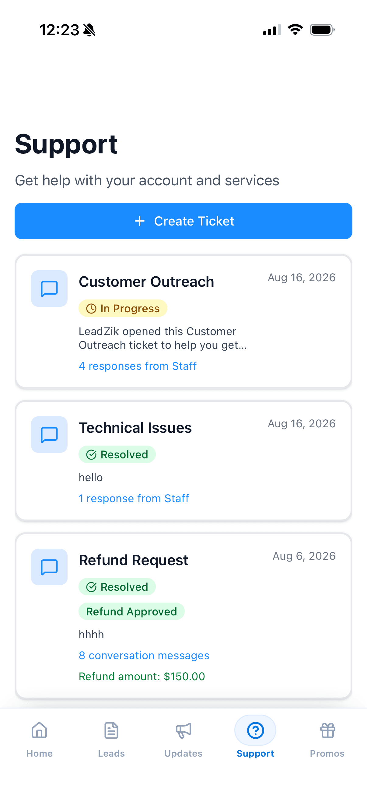 LeadZik in-app support ticket screen