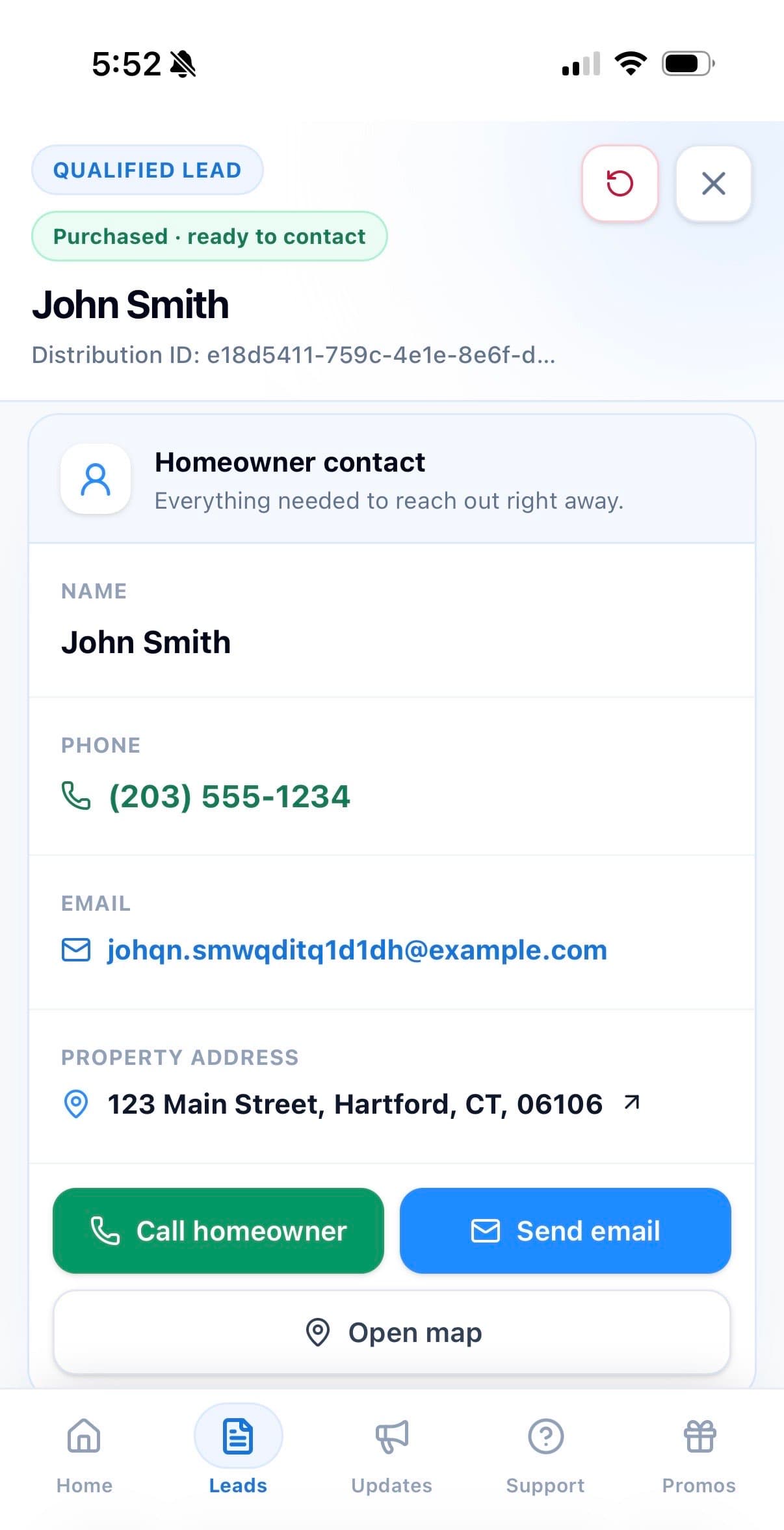 LeadZik homeowner lead card on mobile