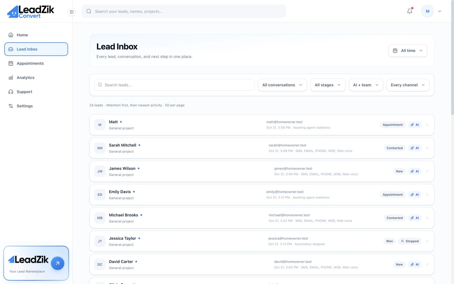 Actual LeadZik Convert inbox layout with Matt’s demo account